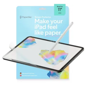 Emballage til Paperlike-skærmbeskytter til iPad Pro 11" 2024, der viser en papirlignende skrivefornemmelse og brug af Apple Pencil