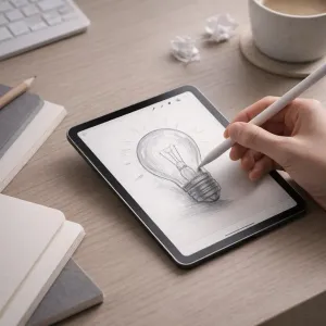 Paperlike 3-skärmskydd på iPad mini med stylus-skisser på en matt skärm med papperskänsla