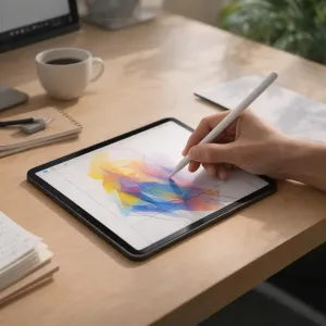 Paperlike 3 skærmbeskytter på iPad Air brugt med Apple Pencil til at tegne på et træbord