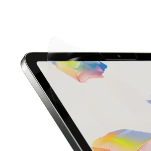 Paperlike 2.1 matte screen protector partially lifted on iPad Mini, showing paper-feel anti-glare film