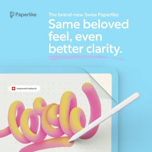 Paperlike 2.1 matt skärmskydd på iPad Pro 12,9, med Apple Pencil och ett uppvikt hörn synligt.