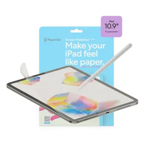 Paperlike-förpackning för skärmskydd till iPad 10,9 tum med pekpenna och illustration av skärm med papperskänsla