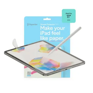 Paperlike screen protector packaging for iPad Pro 11" 2024 with iPad and stylus illustration