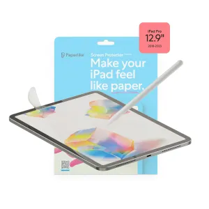 Förpackning till Paperlike-skärmskydd för iPad Pro 12,9, med Apple Pencil och illustration av pappersliknande textur