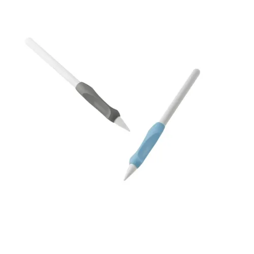 Penngrepp för Apple Pencil på två pennor: ett kolgrått och ett blått, formade med greppytor och placerade nära spetsen.