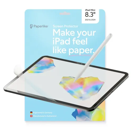 Paperlike skärmskydd för iPad mini; blå förpackning bakom, surfplatta med påbörjad applicering och Apple Pencil mot skärmen.