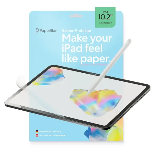 Screen protector for iPad 10.2 inch in packaging; in front of an iPad with folded corner of the protector and Apple Pencil against the screen.