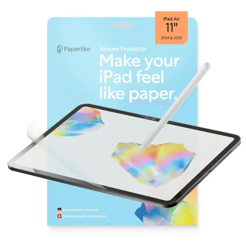 Paperlike skärmskydd för iPad Air 11” med blå förpackning, iPad med uppvikt skyddshörn och Apple Pencil mot skärmen i vinkel.