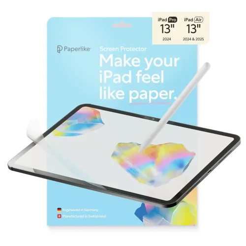 Paperlike 3 screen protector shows packaging with logo and iPad where a matte film is applied, with Apple Pencil over the screen