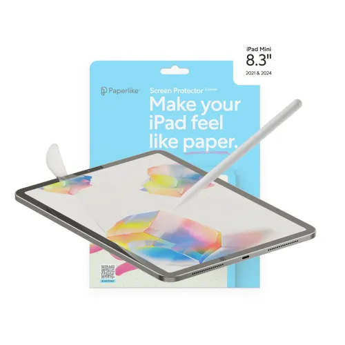 Paperlike ekrāna aizsargplēves iepakojums iPad Mini 8,3 collu modelim ar papīra sajūtu un Apple Pencil ilustrāciju