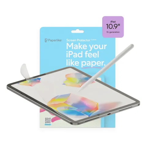 Paperlike ekrāna aizsarga iepakojums iPad 10,9" ar irbuli un papīram līdzīga displeja ilustrāciju