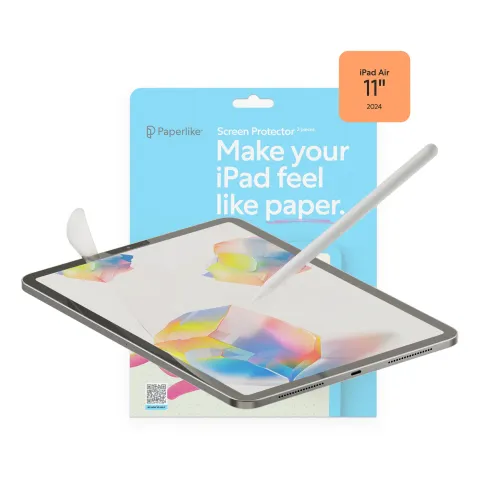 Paperlike screen protector packaging for iPad Air 11" 2024, showing a paper-like feel and included stylus.