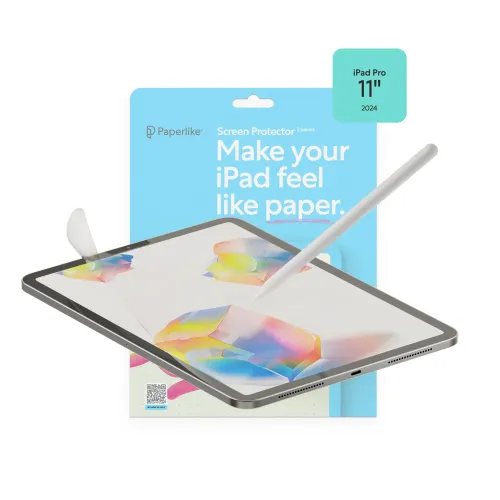 Paperlike screen protector packaging for iPad Pro 11" 2024 with iPad and stylus illustration