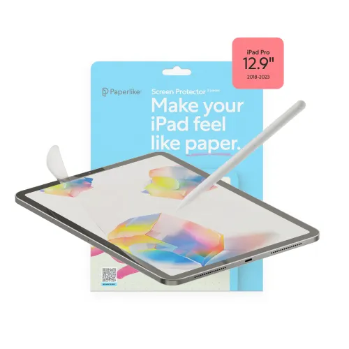 Paperlike ekrāna aizsargplēves iepakojums iPad Pro 12.9, ar Apple Pencil un papīram līdzīgas tekstūras ilustrāciju
