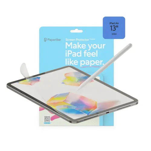 Paperlike screen protector packaging for iPad Air 13" 2024, with illustrated iPad and stylus, paper-like matte film