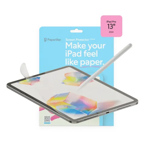Paperlike screen protector packaging for iPad Pro 13" 2024 with illustrated iPad and stylus, matte paper-like finish